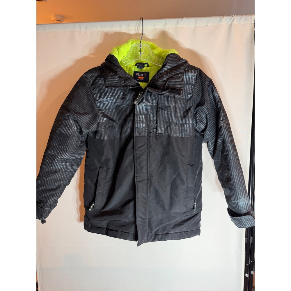 The Childrens Place Boys Black Grey Puffer Jacket Neon Fleece Lined Size M 7/8
